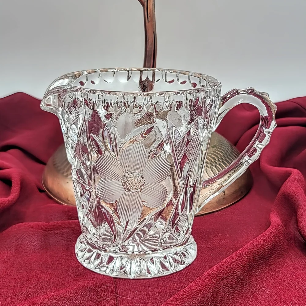 Pressed Crystal Creamer Sugar Bowl Lid Tray Floral Daisy Diamond Pattern Vintage